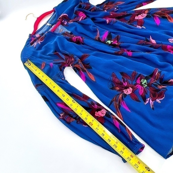 FREE PEOPLE S Tree Swing Tunic Top Mini Dress Blue Floral Cutout Flowy Boho XS - Picture 13 of 16